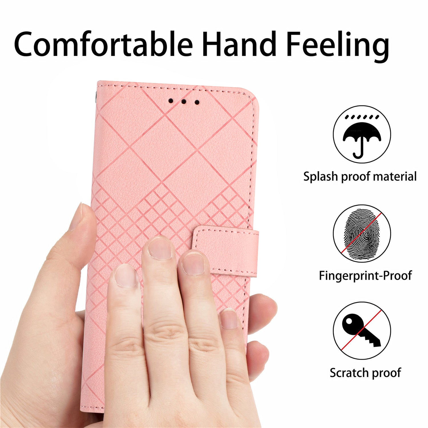 HT06 For Xiaomi Redmi 13C 4G / 5G / Poco C65 4G Leather Case Rhombus Pattern with Wrist Strap - Pink HT06 For Xiaomi Redmi 13C 4G / 5G / Poco C65 4G Leather Case Rhombus Pattern with Wrist Strap - Pink
